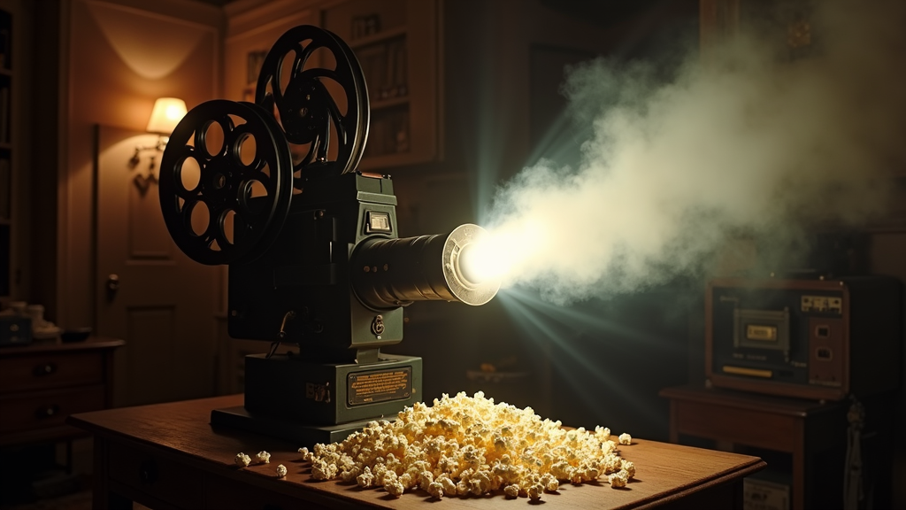 Classic Hollywood film strip, popcorn, and vintage camera on a wooden table