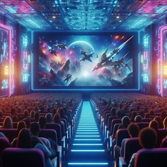 A picture of a theater with audience watching sci-fi